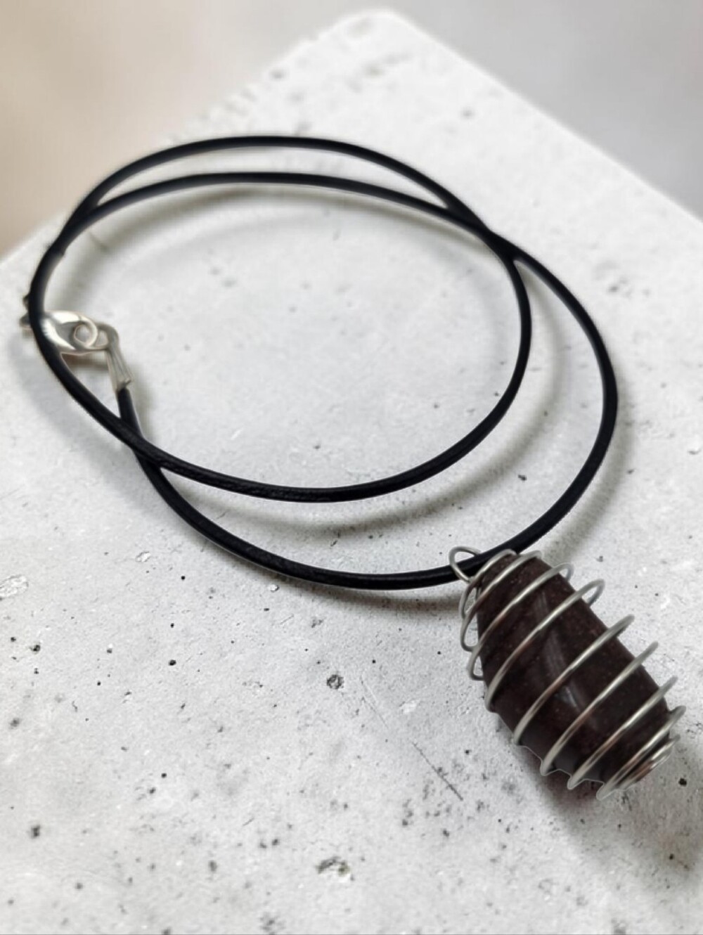 Handmade Jasper Stone Pendant Necklace in Silver Spiral Wire Cage Jewelry